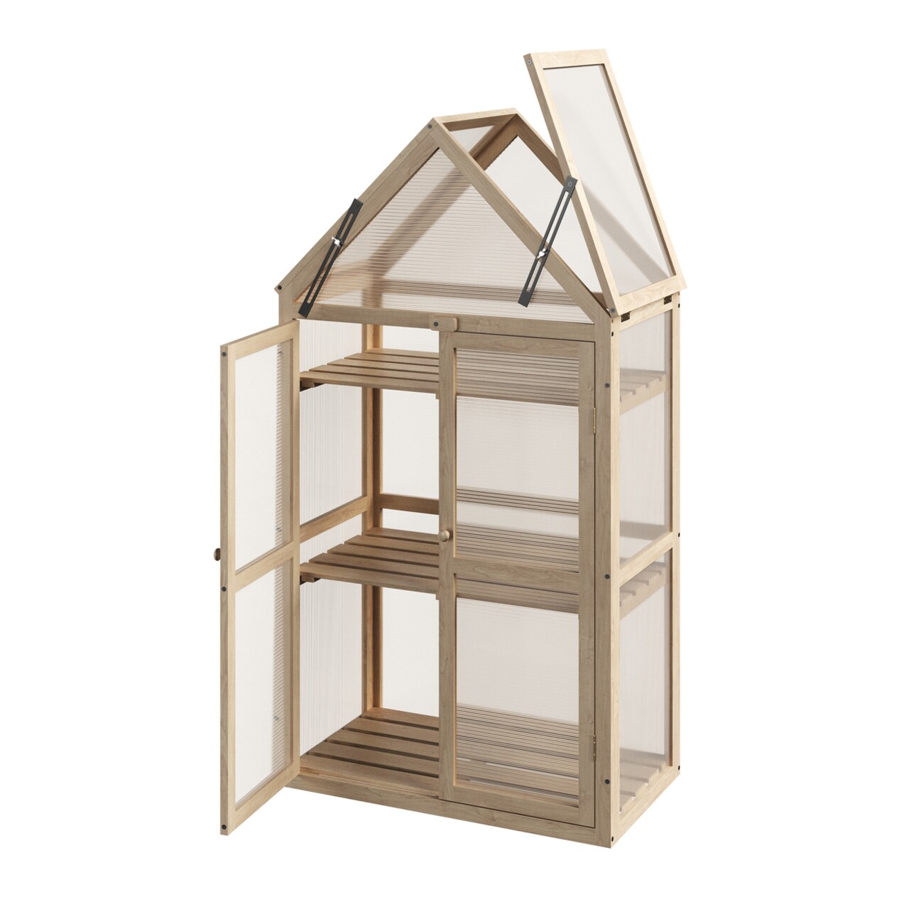 Wood Frame Mini Greenhouse 52 In Indoor Outdoor Polycarbonate Panels Adjustable Shelves